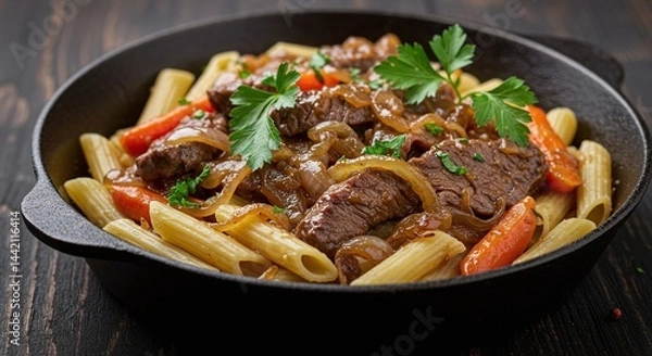 Obraz Beef tips with pasta and vegetables served in a cast iron skillet on a wood table