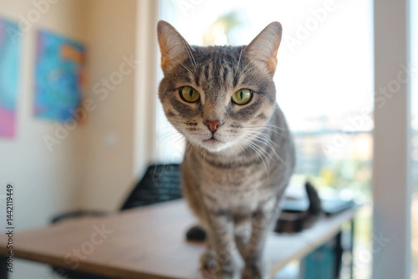 Fototapeta Cat sitting on a work desk at home, surrounded by work essentials, in a calm and cozy atmosphere. Perfect indoor scene showing the harmony of work and relaxation.