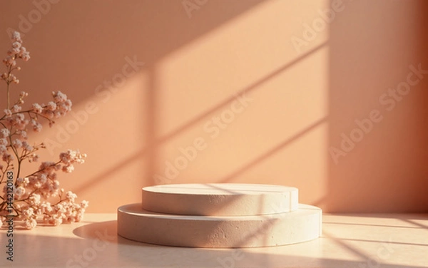 Fototapeta A minimalist scene features a two-tiered, pale-pink pedestal bathed in warm sunlight against a peach wall. Dried flowers add a touch of nature.  Ideal for product display.