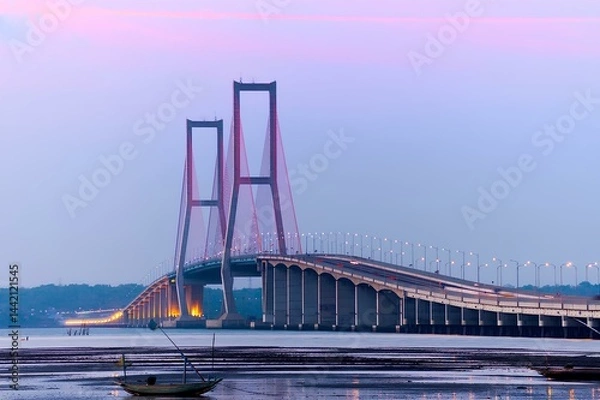 Obraz The Suramadu Bridge is a prominent cable-stayed bridge that spans the Madura Strait, connecting the city of Surabaya on Java Island with Bangkalan Regency on Madura Island, Indonesia. It serves as a v