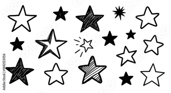 Fototapeta Hand-Drawn Star Collection: 15 Unique Doodle Stars for Design on transparent background