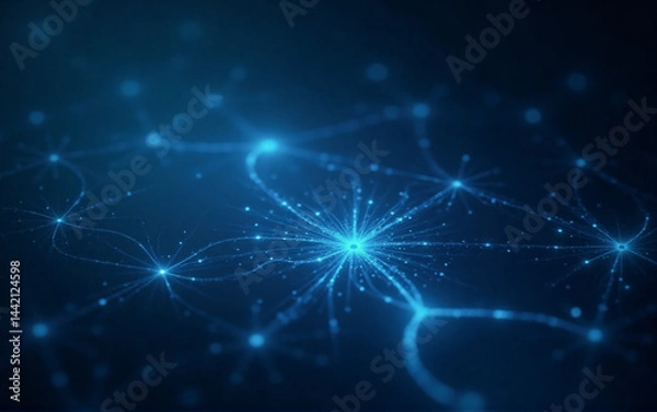 Fototapeta Abstract depiction of a neural network, glowing nodes interconnected by luminous pathways, suggesting complex communication and information processing.  Deep blue hues create a sense of depth and myst