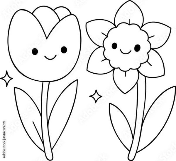 Obraz Cute flowers with smiling faces, perfect for springtime coloring activities