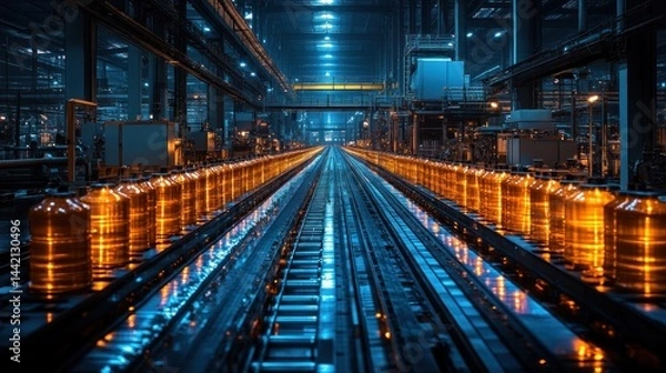 Obraz Illuminated Industrial Conveyor Belt: A Symphony of Amber and Steel