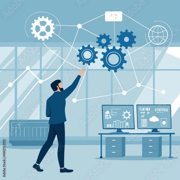 Obraz businessman with laptop and gears. Business Automation and Data Integration