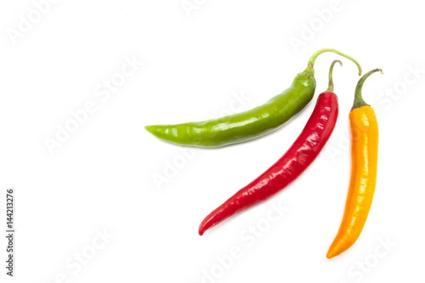 Fototapeta Red, orange and green chili on white background, isolate image