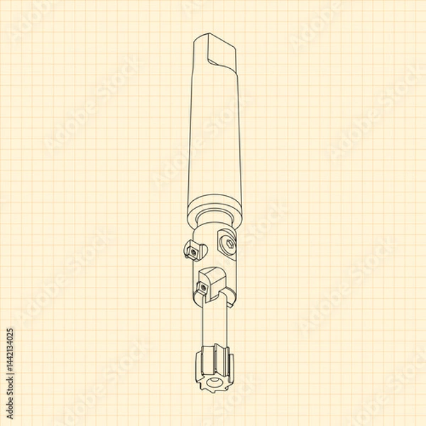 Fototapeta Mechanical engineering drawings. Tap tools, borer. Technical Design. Cover. Blueprint. Step Cutting Tool with Countersinking Function. Technical 3D Vector Illustration
