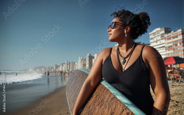 Fototapeta A plus size surfer in a black swimsuit sunglasses holds a surfboard on an urban beach