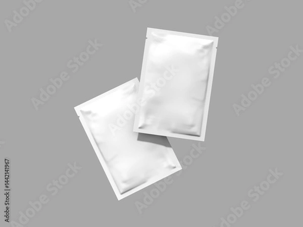 Fototapeta White Blank Two Sachets Packaging Mockup 3D Rendering Floating in Eye Level Angle on Gray Background