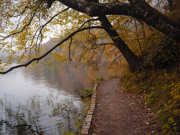 Fototapeta Plitvice Lakes in Croatia during autumn, showcasing stunning waterfalls, vibrant foliage, and crystal-clear waters, creating a magical and serene natural landscape perfect for nature lovers.