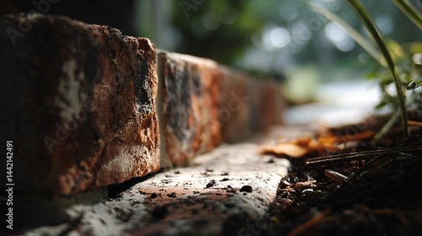 Fototapeta Close-up of a weathered brick corner and pathway