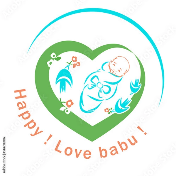 Obraz Love baby A child in a beautiful bag with a bow. Flying birds with flowers. Template for greeting card with newborn. Vector color illustration. A limited color palette