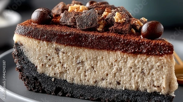 Obraz Layered chocolate mousse dessert served on a plate with rich toppings in a cozy setting
