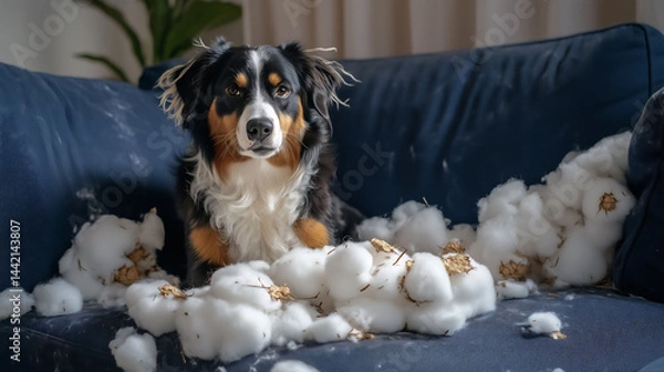 Fototapeta A damaged sofa with torn upholstery and stuffing coming out, caused by a mischievous dog chewing. Damaged furniture concept
