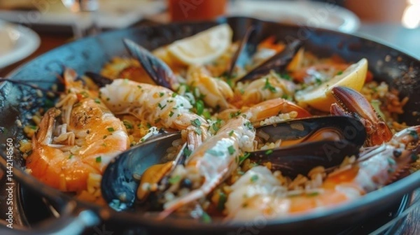 Obraz Delicious seafood paella featuring shrimp, mussels, and fresh herbs served in a vibrant setting at a local restaurant