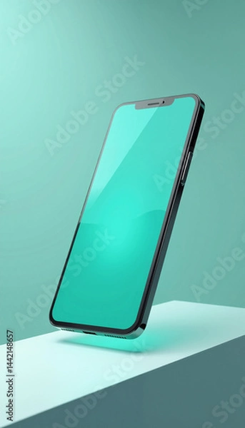 Fototapeta Smartphone with teal screen on minimalist background