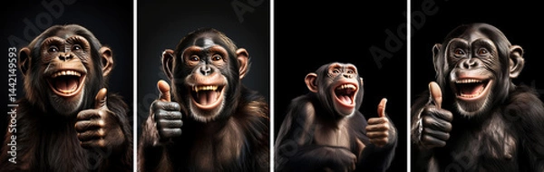 Obraz Extreme closeup and front view. Portrait of a friendly smiling monkey making thumbs up, gesture of positivity, enthusiasm. On a black background, collection and variation. Generative Ai.