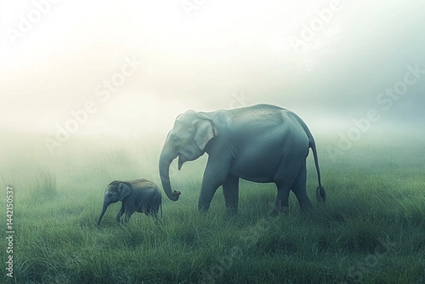 Obraz Elephant family strides through misty grass, creating a surreal wildlife scene