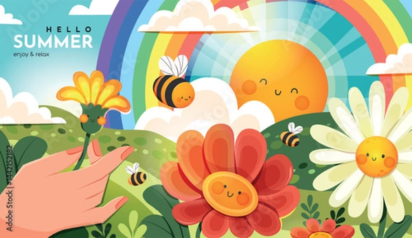 Fototapeta Bright summer children's illustration with a green meadow, flowers, sun, rainbow and cute bees. Colorful background for design and decoration.