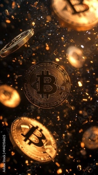 Fototapeta Golden Bitcoin coins, numerous and various sizes, levitating in the air, falling and colliding