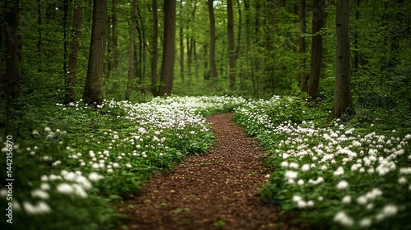 Obraz Enchanting woodland path fringed by a vibrant display of flourishing wild garlic