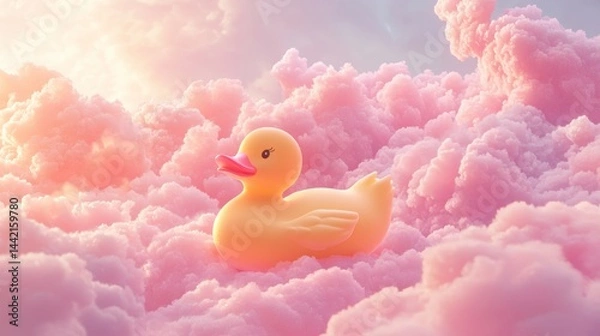 Fototapeta Floating rubber duck in an infinite pink sky, fluffy clouds and surreal scale, pastel candy tones and whimsical mood 