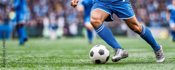 Obraz Close-up of a Leg in a Boot Kicking Football Ball. Professional Soccer Player Hits with Fierce Power, Scores Goal, Grass Flying. Football Championship Concept. Low Angle Ground Artistic Shot.