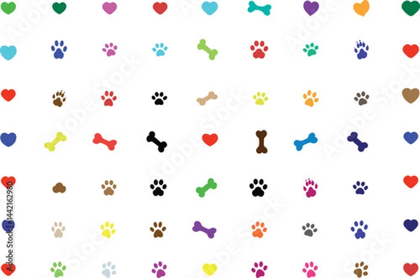 Fototapeta Cute pet pattern paw prints dog bones red hearts black and white illustration seamless background playful design- animal lover motif veterinary theme
