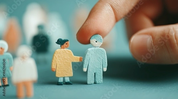 Fototapeta Hand Selecting a Figure from a Diverse Group of Miniature People to Represent the Concept of Social Interaction, Online Dating, and Community Support in a Guided Environment