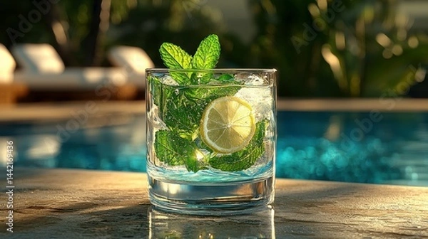 Fototapeta Refreshing Mint and Lemon Drink by the Poolside