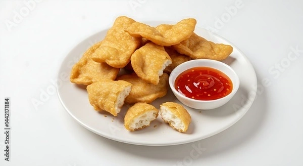 Fototapeta Keropok Lekor (fried fish crackers) with chili sauce on a white background