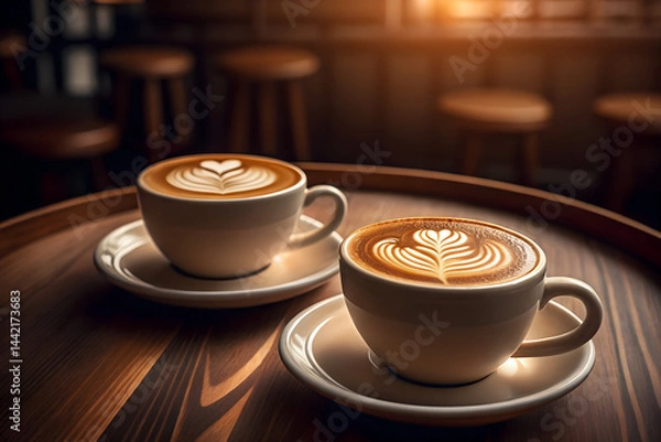 Fototapeta Romantic Coffee Date with Two Cappuccinos and Latte Art on Wooden Table
