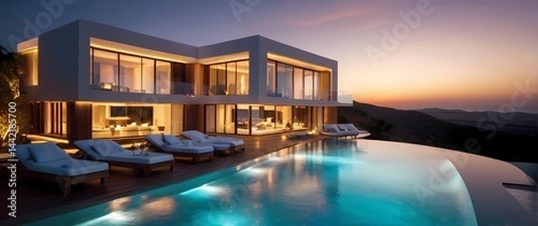 Fototapeta Sunset illumination on luxurious villas with infinity swimming pools