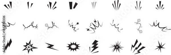 Obraz Set of comic manga hand drawn line elements. Comic effect shape. Character graphic movement effects emotion. Doodle shine sunburst sparkle ray, flash, exploding shapes in pop art retro style