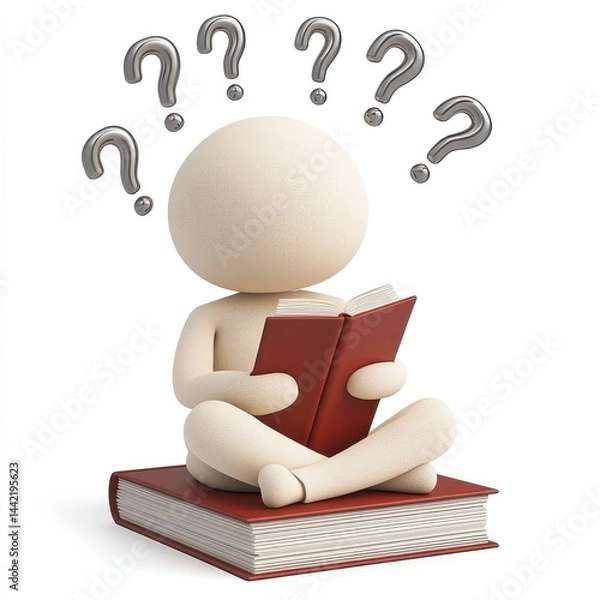 Fototapeta Textured 3D Figure Reading a Book with Question Marks