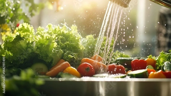 Obraz Vegetable Assortment Being Washed Under Running Faucet with Spritzing Water