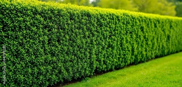 Fototapeta Lush green hedge neatly trimmed, bordering a vibrant lawn Ample copy space,  property, blank space