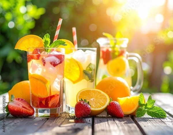 Fototapeta Iced lemonade and fruit drinks on a rustic wooden table, outdoor garden