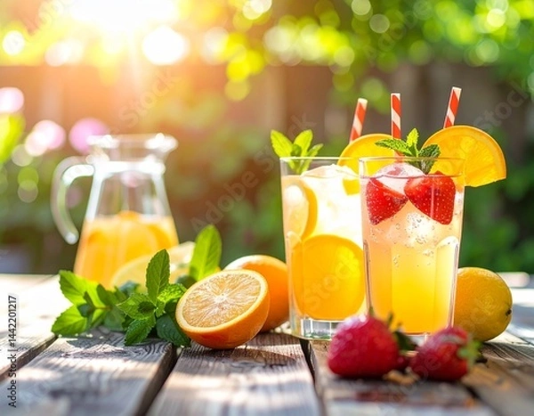 Fototapeta Iced lemonade and fruit drinks on a rustic wooden table, outdoor garden