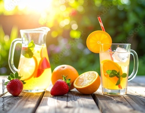 Fototapeta Iced lemonade and fruit drinks on a rustic wooden table, outdoor garden