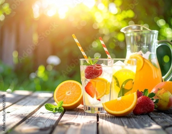 Fototapeta Iced lemonade and fruit drinks on a rustic wooden table, outdoor garden