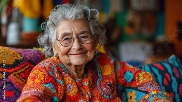 Obraz An elderly woman sits comfortably on a colorful couch adorned with various patterns, wearing a cheerful sweater and sharing a whimsical smile