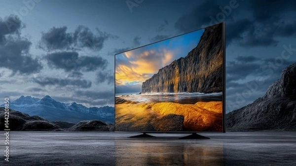 Fototapeta Tv Displaying a Sunset Landscape with Rocky Cliffs Against Mountain Backdrop