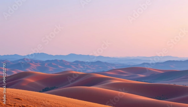 Fototapeta Breathtaking desert landscape showcases rolling sand dunes under soft pastel sky, evoking sense of tranquility and vastness. gentle curves of dunes create harmonious flow, inviting exploration