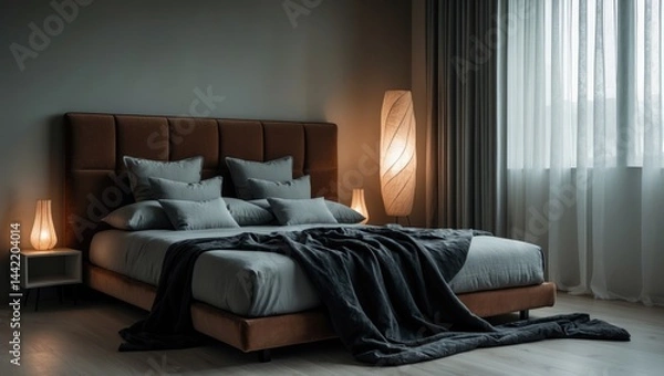 Obraz Trendy bedroom setup with a comfy bed and modern interior