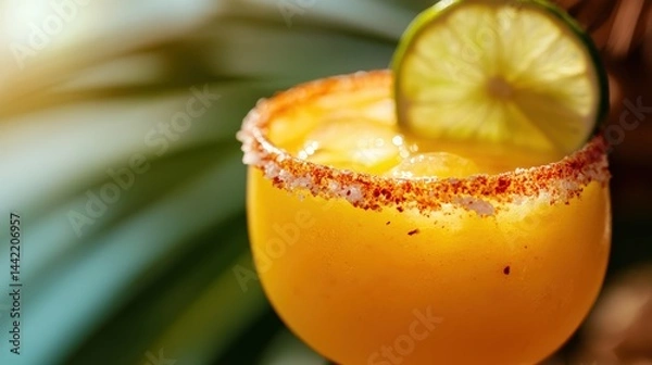 Fototapeta Refreshing tropical frozen mango margarita with lime garnish
