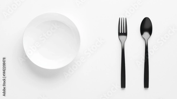 Fototapeta A white plate and black fork and spoon on a white background.