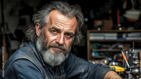 Fototapeta Weathered Craftsman Portrait Close Up of a Man Covered in Metal Particles