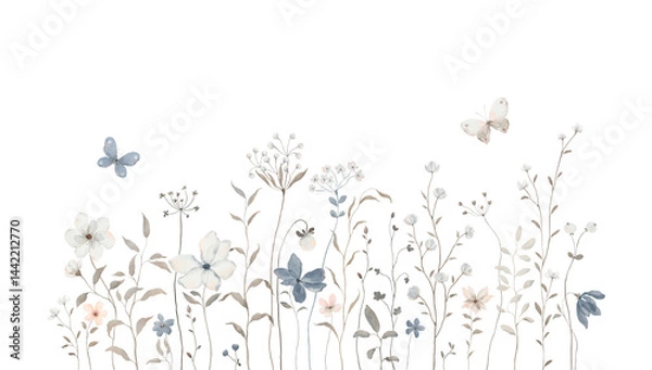 Obraz Watercolor border with delicate abstract wildflowers, plants and flying butterflies, isolated hand-drawn print for cards, wallpapers, mural in children room or background for your text.