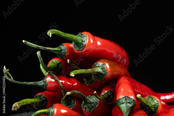Fototapeta Close-up of red chili peppers with green stems